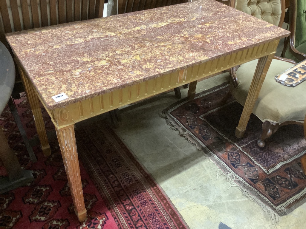 A Louis XVI style giltwood centre table, with damaged marble top, width 120cm depth 59cm